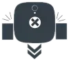 XBody Einfaches Roboter-Symbol mit einem X auf der Brust und nach unten zeigenden Pfeilen darunter.