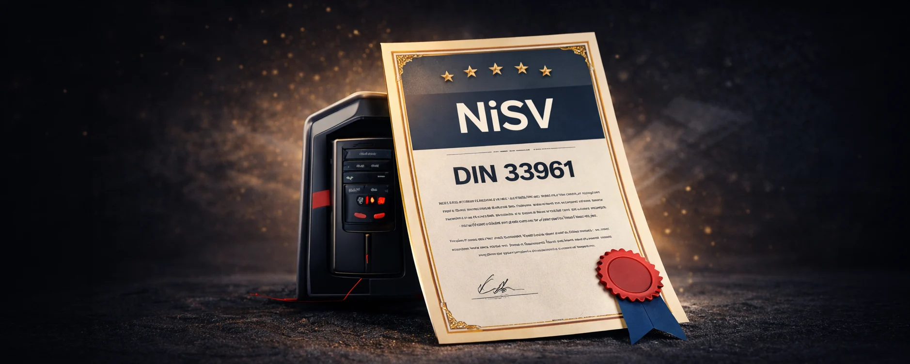 XBody Neben einem schwarzen Gerät steht ein Zertifikat mit der Aufschrift „NiSV DIN 33961“.