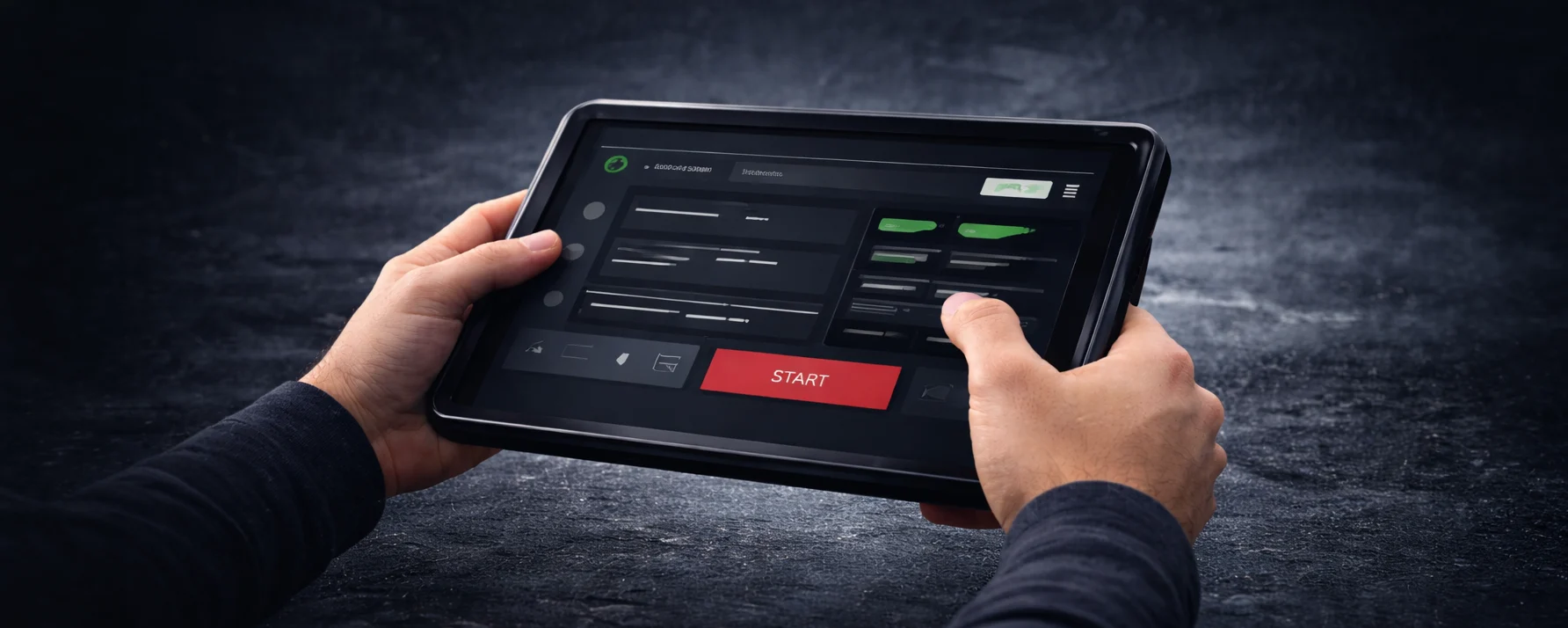 XBody Hände, die ein Tablet halten, auf dem eine dunkle Benutzeroberfläche mit einer großen roten „Start“-Schaltfläche zu sehen ist.