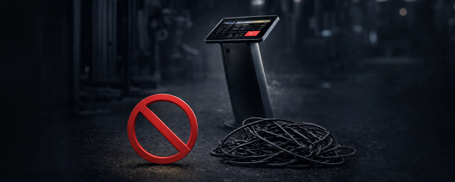 XBody Touchscreen-Kiosk neben einem Gewirr aus Kabeln, im Vordergrund ein rotes Verbotsschild.