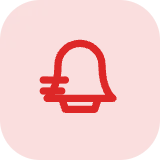 XBody Rotes Benachrichtigungsglockensymbol mit Bewegungslinien auf einem hellrosa, abgerundeten quadratischen Hintergrund.