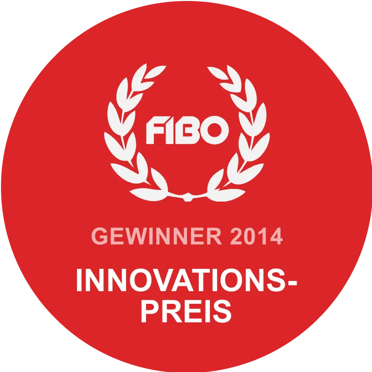 FIBO Innovationspreis 2014, rotes Gewinner-Abzeichen mit Lorbeerkranz