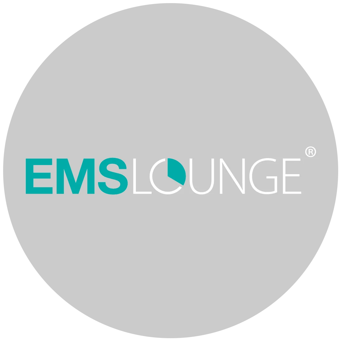 XBody EMSLOUNGE-Logo mit grauem Hintergrund und einem stilisierten Buchstaben „O“ in Form eines teilweise türkisfarbenen Kreises.