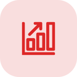 XBody Rotes Balkendiagramm mit einem Aufwärtspfeil auf einem hellrosa, abgerundeten quadratischen Hintergrund.