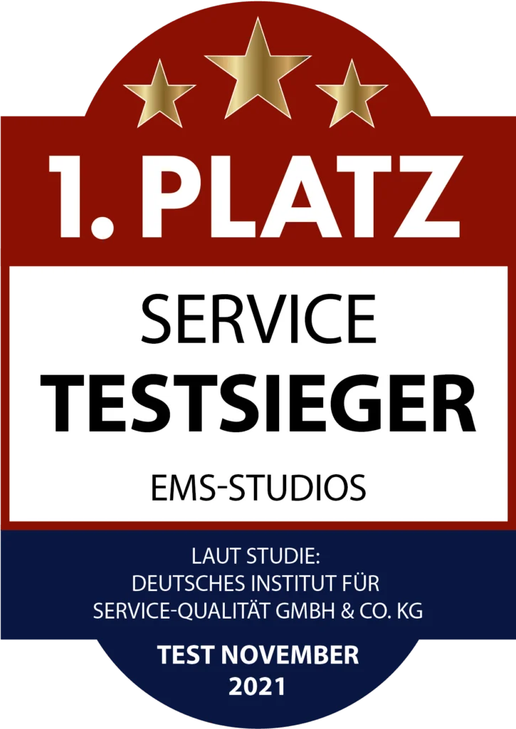 XBody Auszeichnungsabzeichen mit der Aufschrift „1. Platz, Service-Testsieger EMS-Studios, Test November 2021“. XBody Auszeichnungsabzeichen mit der Aufschrift „1. Platz, Service-Testsieger EMS-Studios, Test November 2021“.