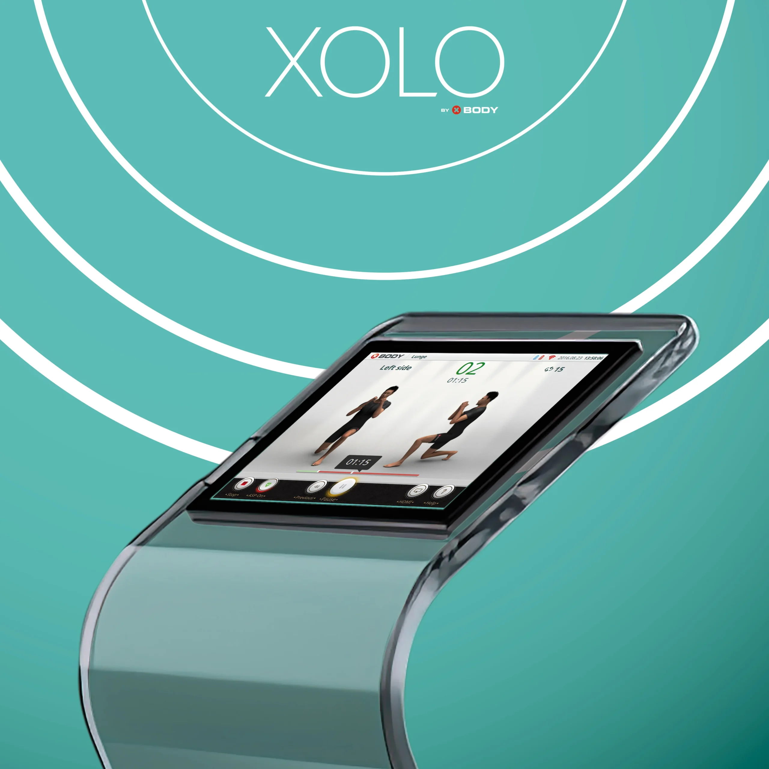 XOLO by XBody - virtual trainer XBody Eine geschwungene, futuristisch anmutende Smartwatch, auf der eine Fitness-App angezeigt wird, darüber das „XOLO“-Logo.